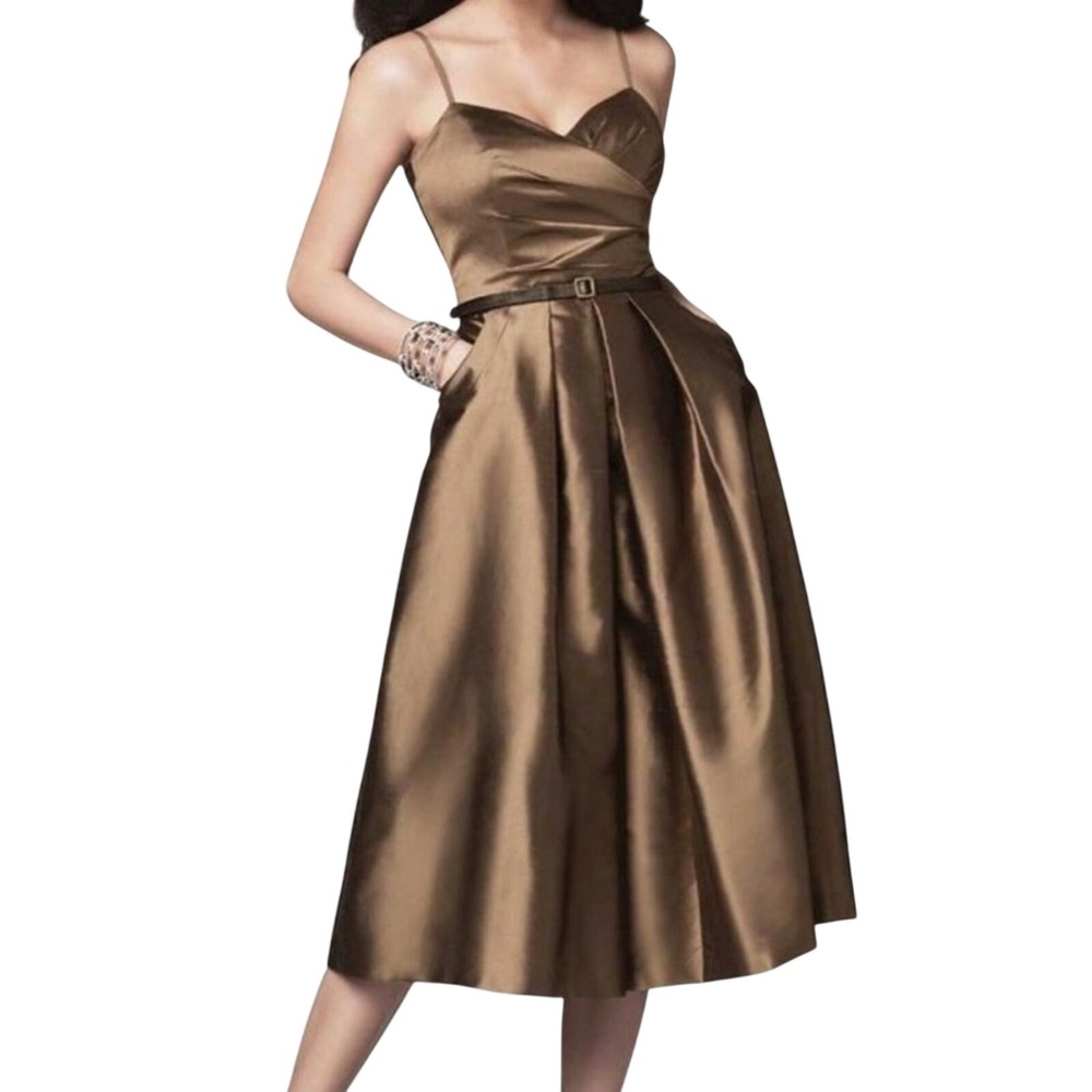 Alfred Angelo Satin Sweetheart Midi Dress‎ Brown Pockets Sz 10 Cocktail Retro